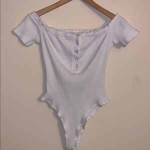 Across-Shoulder White Button Up Ribbed Bodysuit